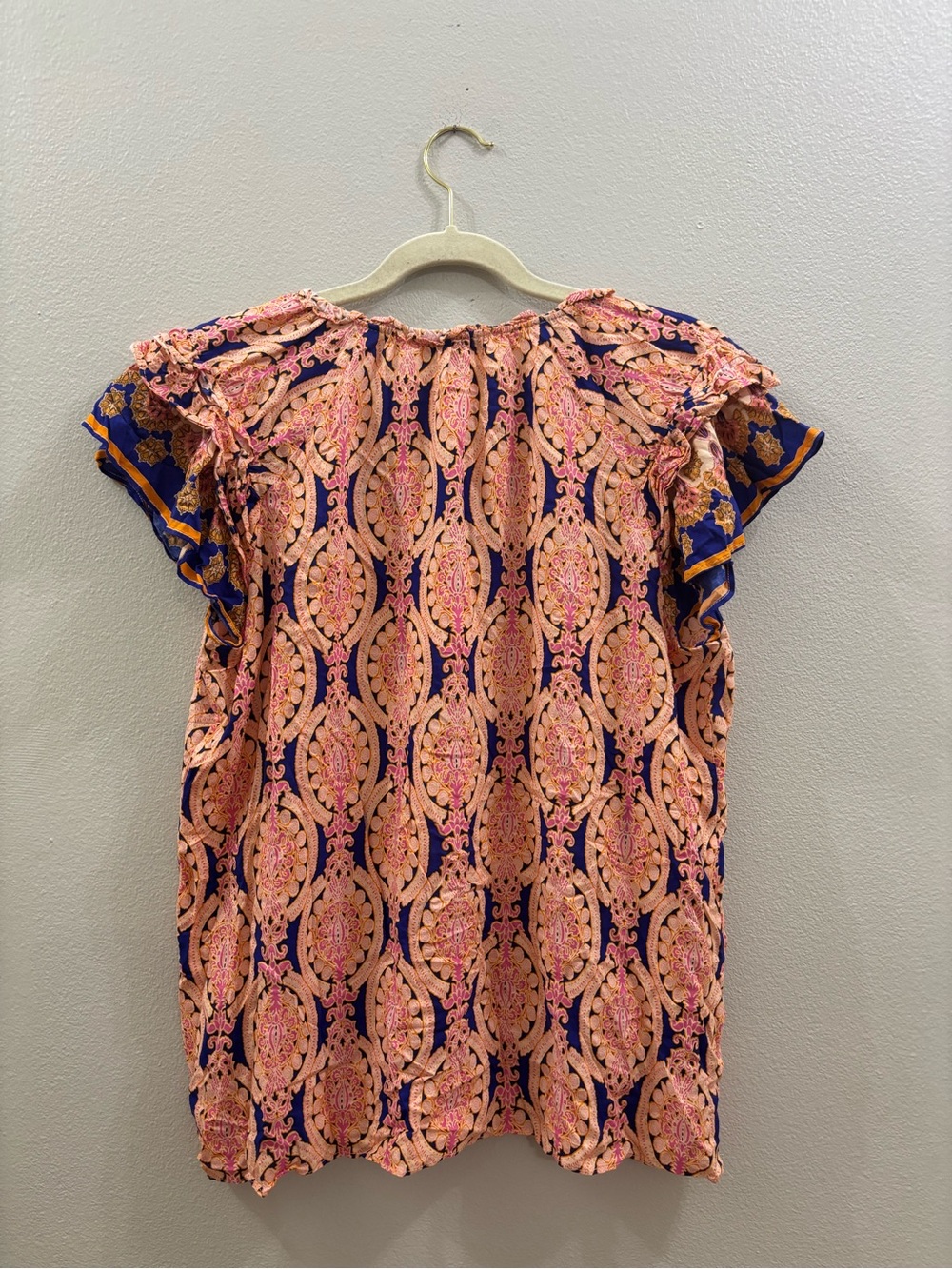 Rose & Olive Pink and Navy Printed Tie-Neck Peasant Blouse - Picture 3 of 3